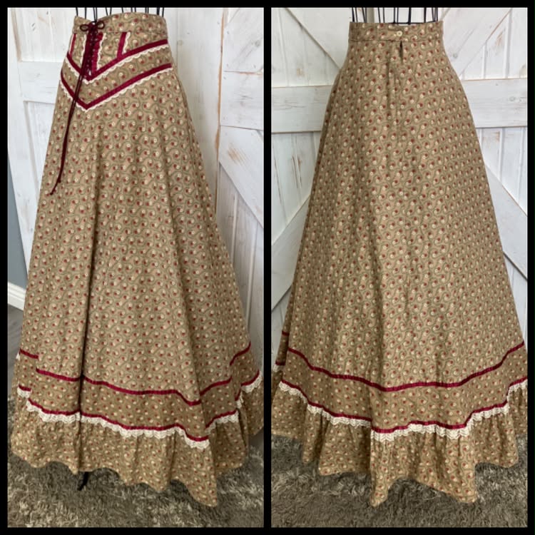 70's Vintage Gunne Sax Jessica's Gunnies Brown Red White Green Calico Daisy Corset Waist Prairie Maxi Skirt 9 *FLAW