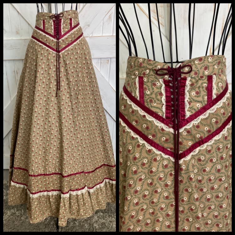 70's Vintage Gunne Sax Jessica's Gunnies Brown Red White Green Calico Daisy Corset Waist Prairie Maxi Skirt 9 *FLAW