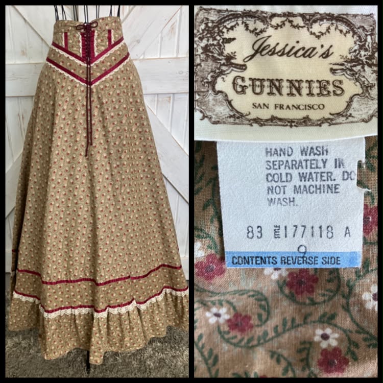 70's Vintage Gunne Sax Jessica's Gunnies Brown Red White Green Calico Daisy Corset Waist Prairie Maxi Skirt 9 *FLAW