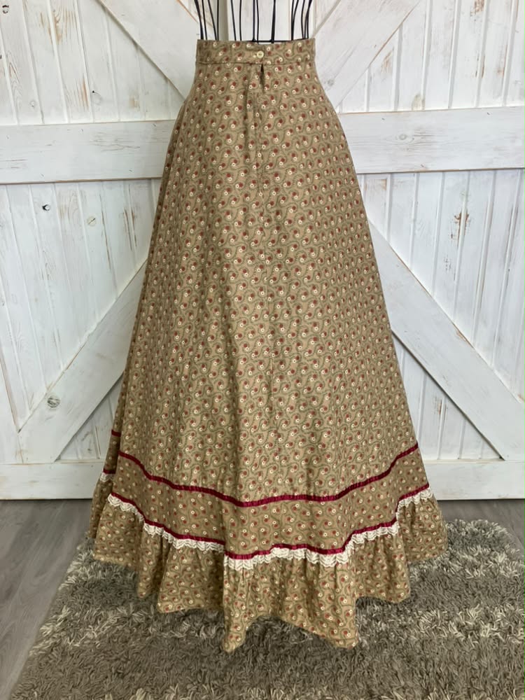 70's Vintage Gunne Sax Jessica's Gunnies Brown Red White Green Calico Daisy Corset Waist Prairie Maxi Skirt 9 *FLAW