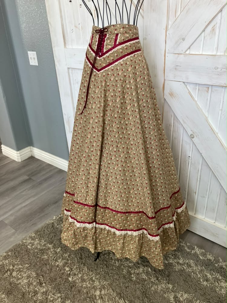 70's Vintage Gunne Sax Jessica's Gunnies Brown Red White Green Calico Daisy Corset Waist Prairie Maxi Skirt 9 *FLAW