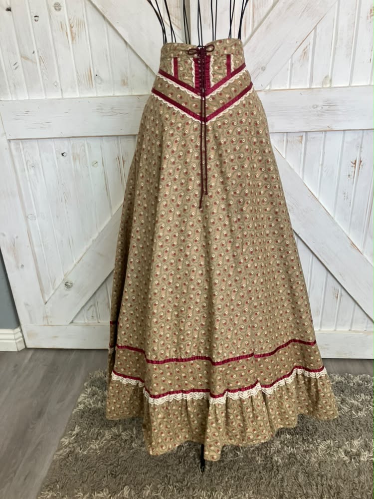 70's Vintage Gunne Sax Jessica's Gunnies Brown Red White Green Calico Daisy Corset Waist Prairie Maxi Skirt 9 *FLAW