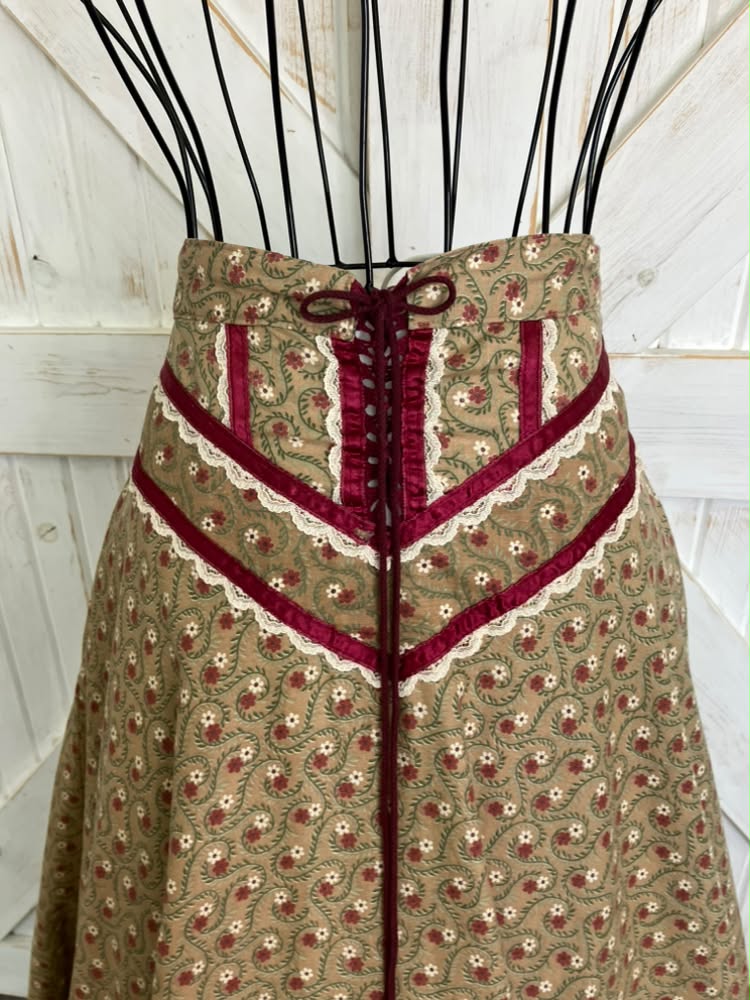 70's Vintage Gunne Sax Jessica's Gunnies Brown Red White Green Calico Daisy Corset Waist Prairie Maxi Skirt 9 *FLAW