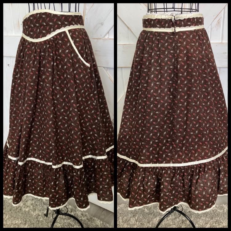 70's Vintage Gunne Sax Jessica's Gunnies Brown Red Green Leaf Calico Prairie Midi Skirt 11