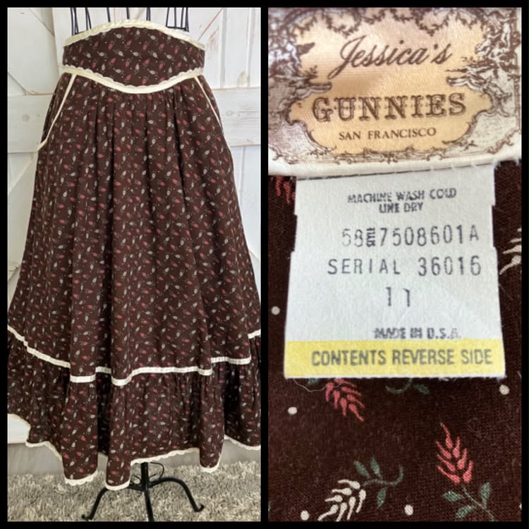 70's Vintage Gunne Sax Jessica's Gunnies Brown Red Green Leaf Calico Prairie Midi Skirt 11