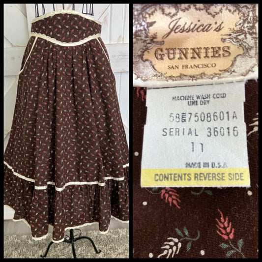 70's Vintage Gunne Sax Jessica's Gunnies Brown Red Green Leaf Calico Prairie Midi Skirt 11