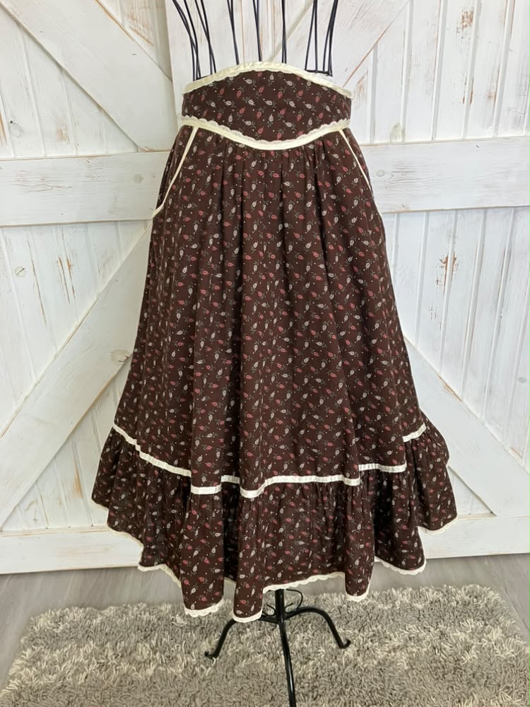 70's Vintage Gunne Sax Jessica's Gunnies Brown Red Green Leaf Calico Prairie Midi Skirt 11