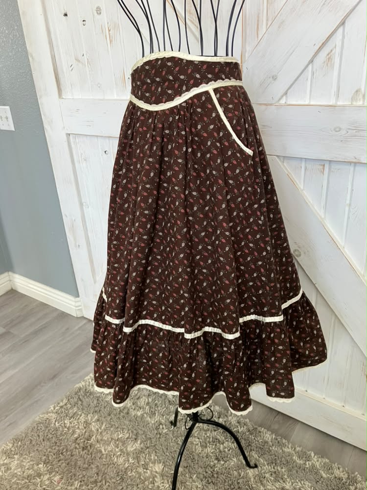 70's Vintage Gunne Sax Jessica's Gunnies Brown Red Green Leaf Calico Prairie Midi Skirt 11