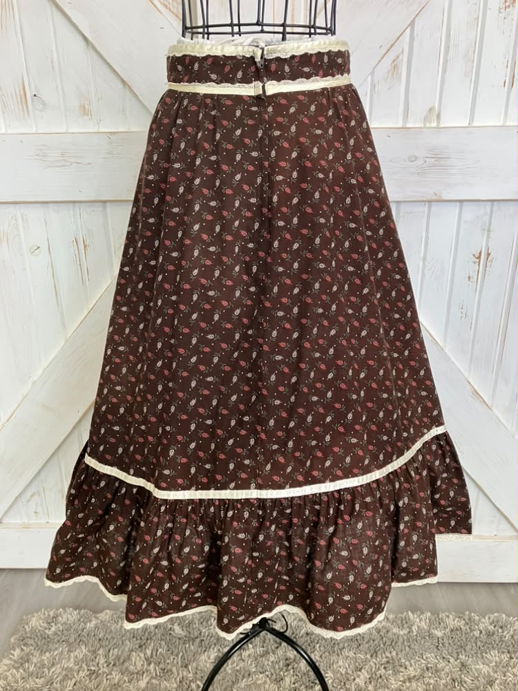 70's Vintage Gunne Sax Jessica's Gunnies Brown Red Green Leaf Calico Prairie Midi Skirt 11