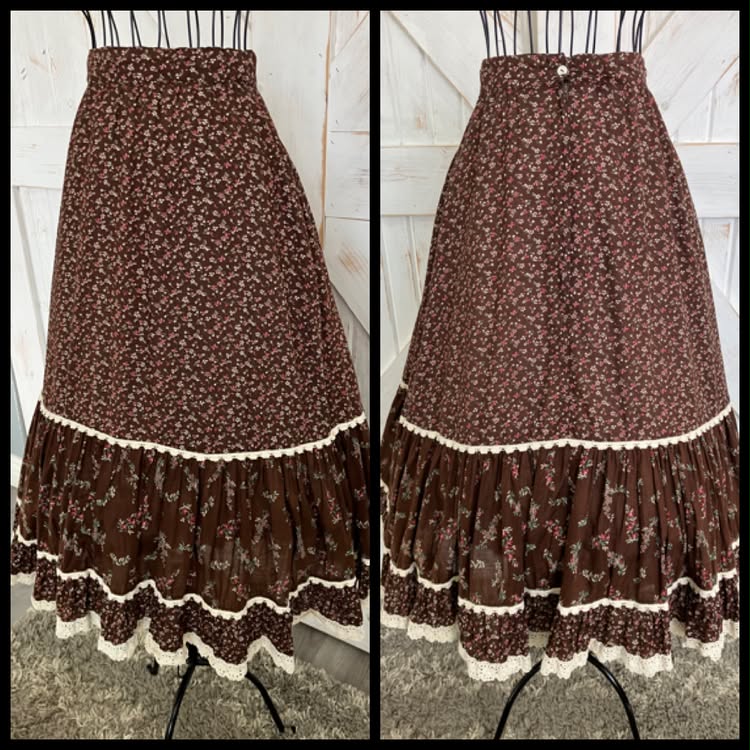 70's Vintage Gunne Sax Jessica's Gunnies Brown Red Green Calico Prairie Midi Skirt