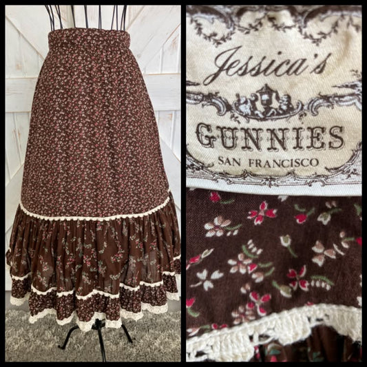 70's Vintage Gunne Sax Jessica's Gunnies Brown Red Green Calico Prairie Midi Skirt
