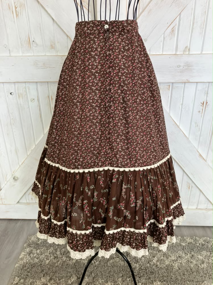 70's Vintage Gunne Sax Jessica's Gunnies Brown Red Green Calico Prairie Midi Skirt