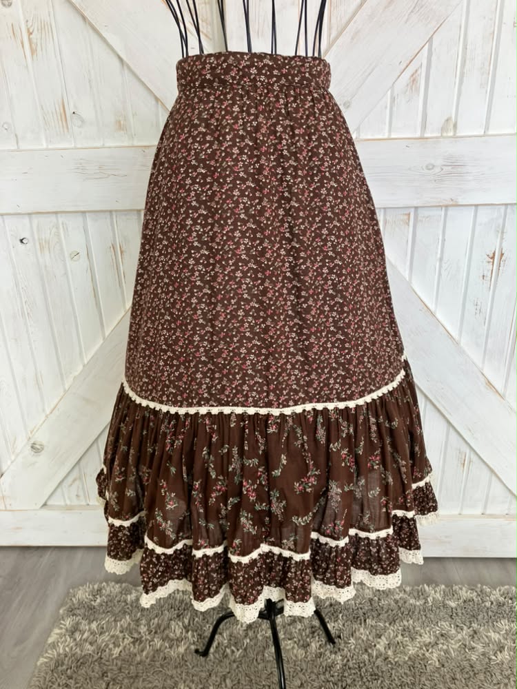 70's Vintage Gunne Sax Jessica's Gunnies Brown Red Green Calico Prairie Midi Skirt
