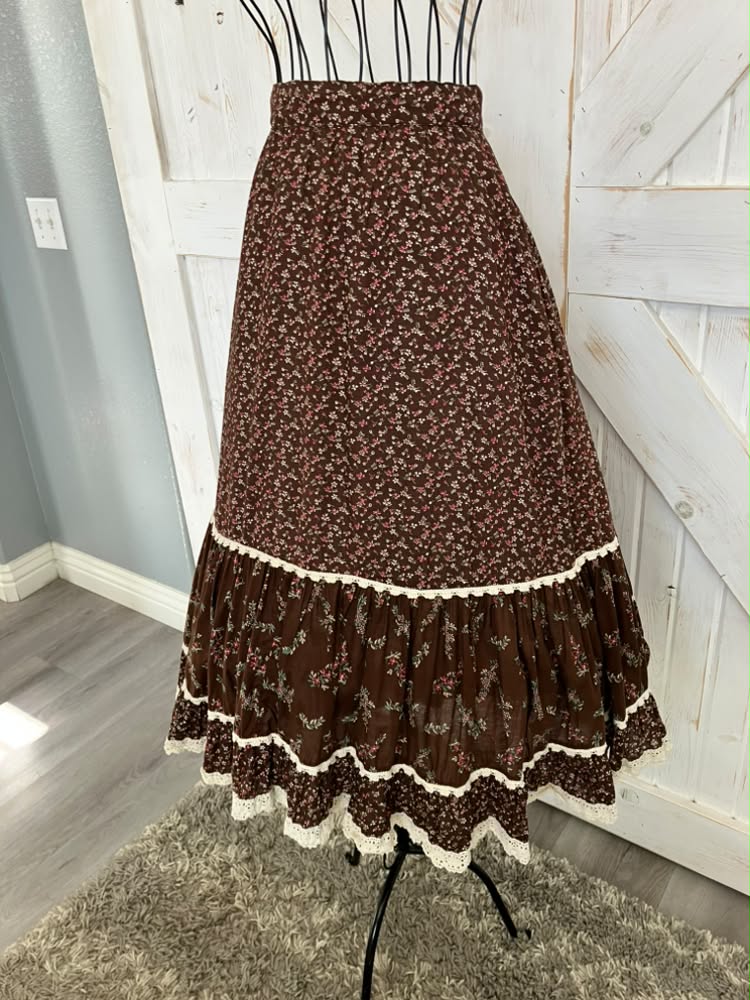 70's Vintage Gunne Sax Jessica's Gunnies Brown Red Green Calico Prairie Midi Skirt