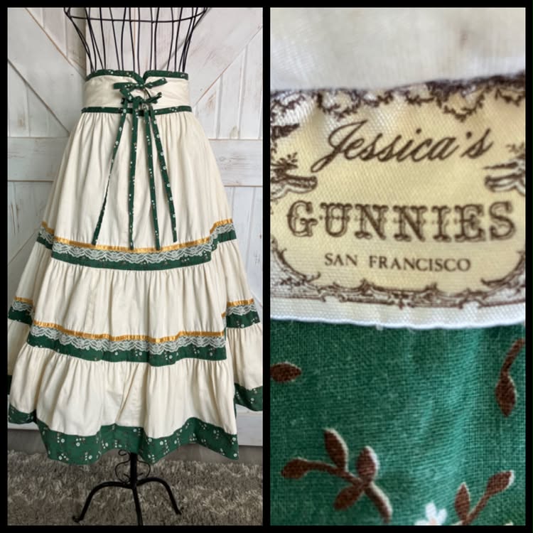 70's Vintage Gunne Sax Jessica's Gunnies White Green Gold Calico Prairie Midi Skirt