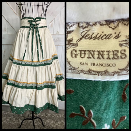 70's Vintage Gunne Sax Jessica's Gunnies White Green Gold Calico Prairie Midi Skirt