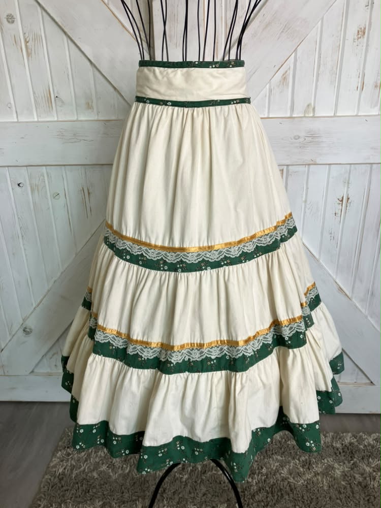 70's Vintage Gunne Sax Jessica's Gunnies White Green Gold Calico Prairie Midi Skirt