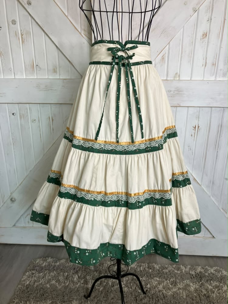 70's Vintage Gunne Sax Jessica's Gunnies White Green Gold Calico Prairie Midi Skirt