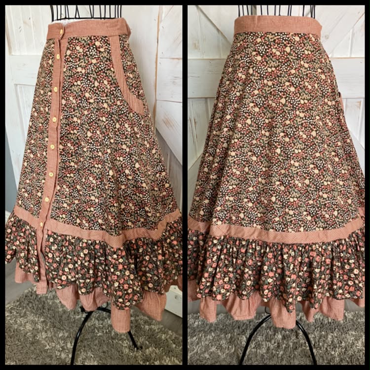 70's Vintage Gunne Sax Jessica's Gunnies Brown Peach Green Autumn Calico Prairie Midi Skirt 13
