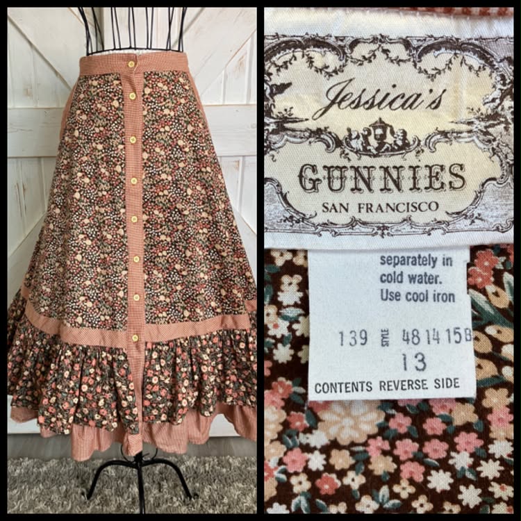 70's Vintage Gunne Sax Jessica's Gunnies Brown Peach Green Autumn Calico Prairie Midi Skirt 13