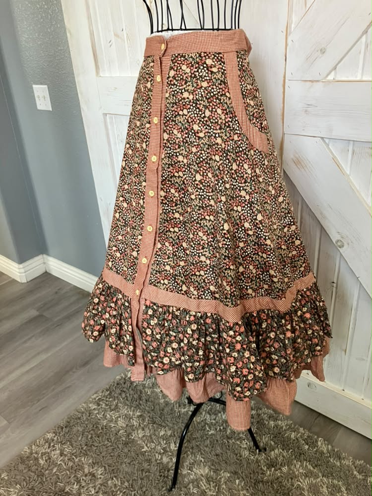 70's Vintage Gunne Sax Jessica's Gunnies Brown Peach Green Autumn Calico Prairie Midi Skirt 13
