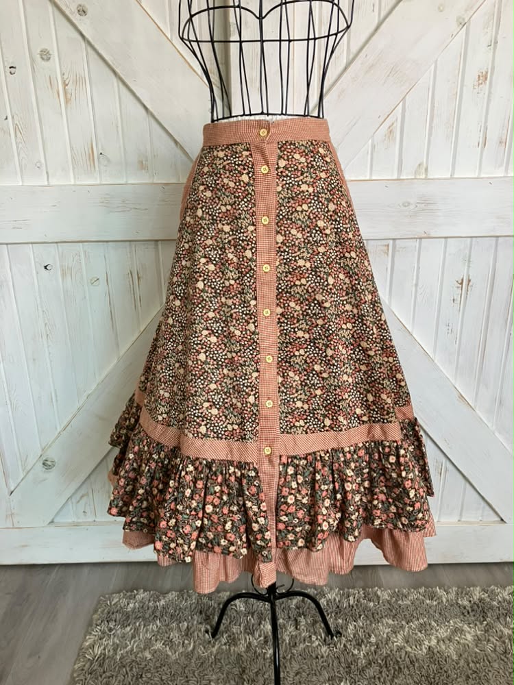 70's Vintage Gunne Sax Jessica's Gunnies Brown Peach Green Autumn Calico Prairie Midi Skirt 13