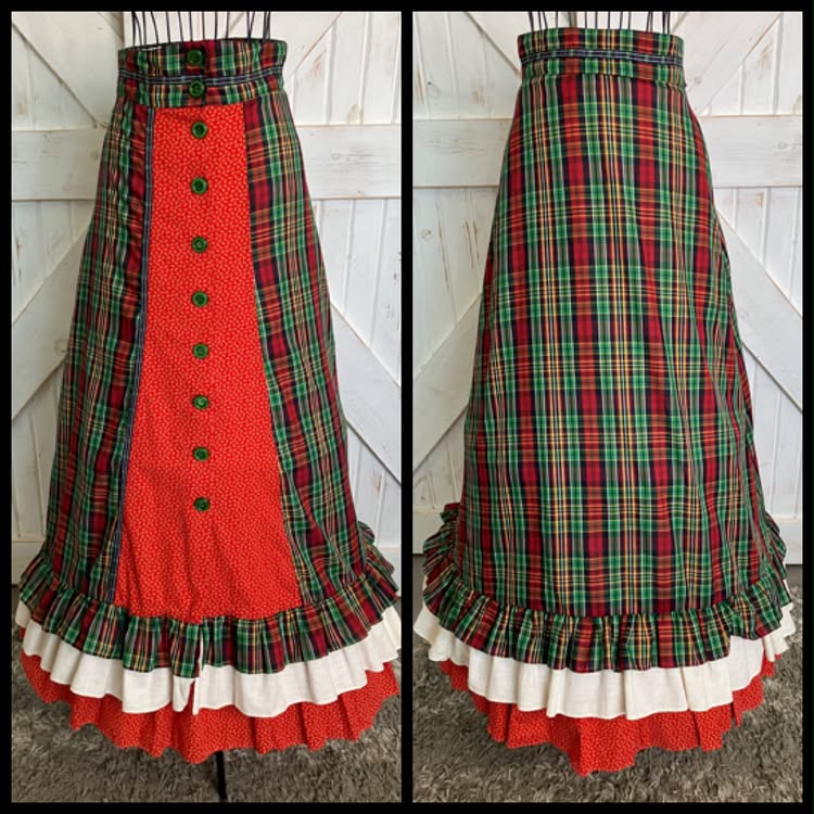 70's Vintage Gunne Sax Jessica's Gunnies Red Green Tartan Plaid Calico 2 Piece Set Prairie Maxi Skirt 11