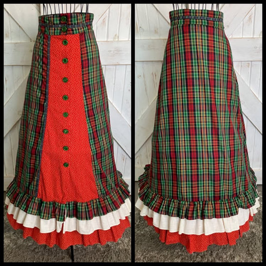 70's Vintage Gunne Sax Jessica's Gunnies Red Green Tartan Plaid Calico 2 Piece Set Prairie Maxi Skirt 11