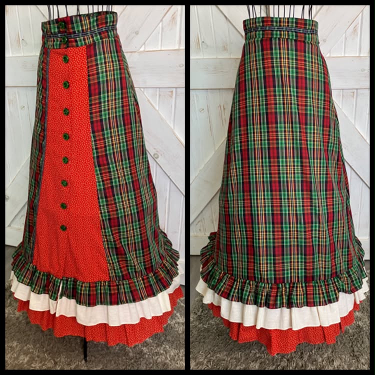 70's Vintage Gunne Sax Jessica's Gunnies Red Green Tartan Plaid Calico 2 Piece Set Prairie Maxi Skirt 11