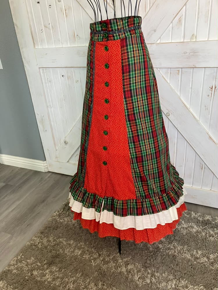 70's Vintage Gunne Sax Jessica's Gunnies Red Green Tartan Plaid Calico 2 Piece Set Prairie Maxi Skirt 11