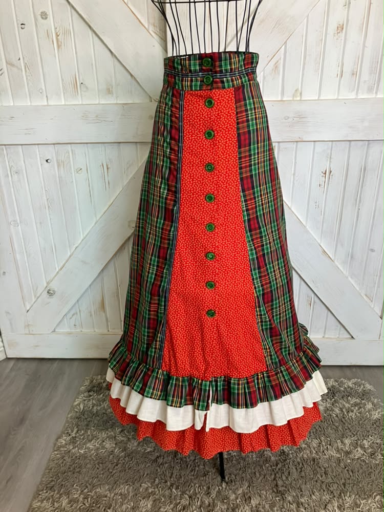 70's Vintage Gunne Sax Jessica's Gunnies Red Green Tartan Plaid Calico 2 Piece Set Prairie Maxi Skirt 11