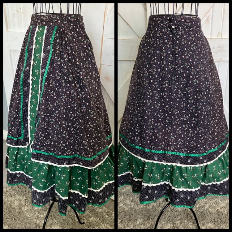 70's Vintage Gunne Sax Jessica's Gunnies Black Green Calico Apron Front Prairie Midi Skirt *FLAWS