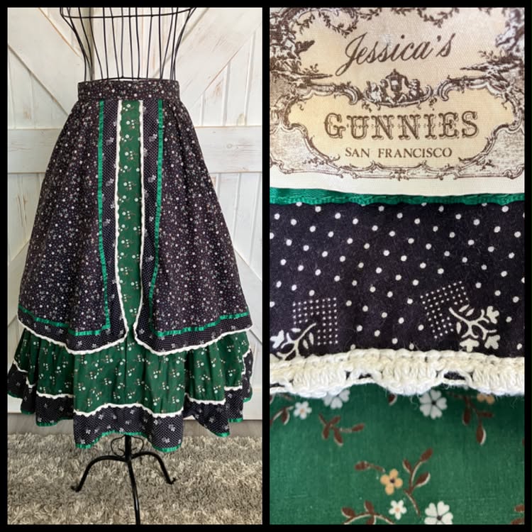 70's Vintage Gunne Sax Jessica's Gunnies Black Green Calico Apron Front Prairie Midi Skirt *FLAWS