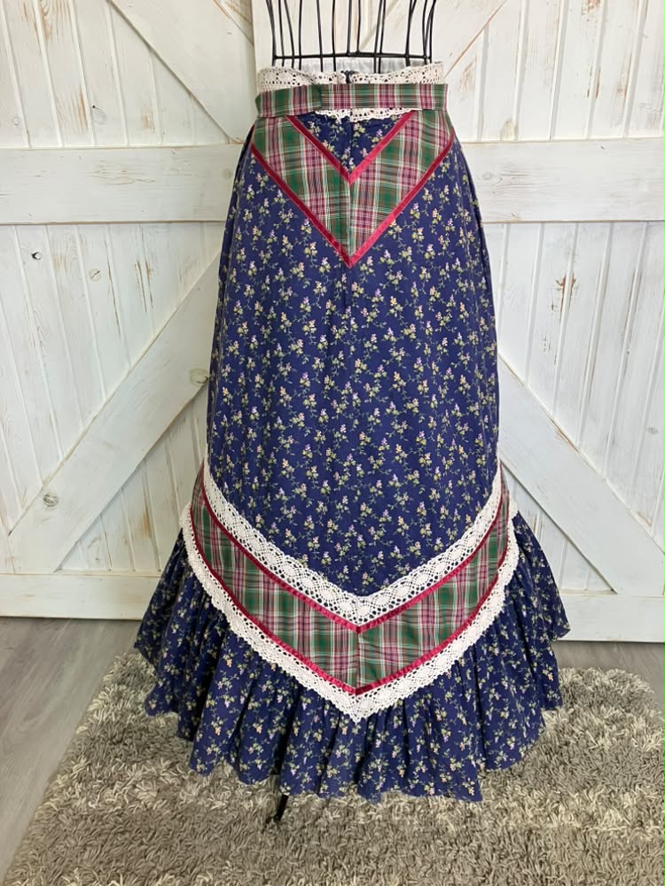 WOUNDED BIRD READ 70's Vintage Gunne Sax Jessica's Gunnies Blue Calico Red Green Plaid Prairie Maxi Skirt