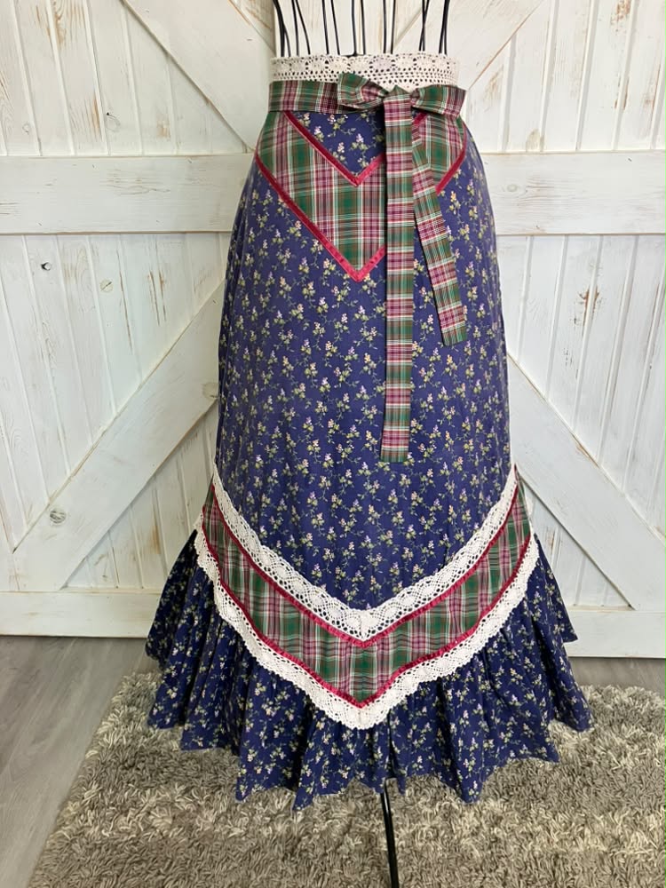 WOUNDED BIRD READ 70's Vintage Gunne Sax Jessica's Gunnies Blue Calico Red Green Plaid Prairie Maxi Skirt