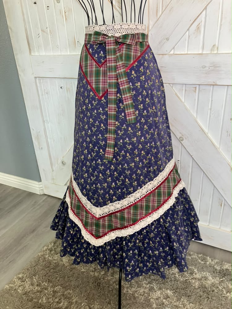 WOUNDED BIRD READ 70's Vintage Gunne Sax Jessica's Gunnies Blue Calico Red Green Plaid Prairie Maxi Skirt
