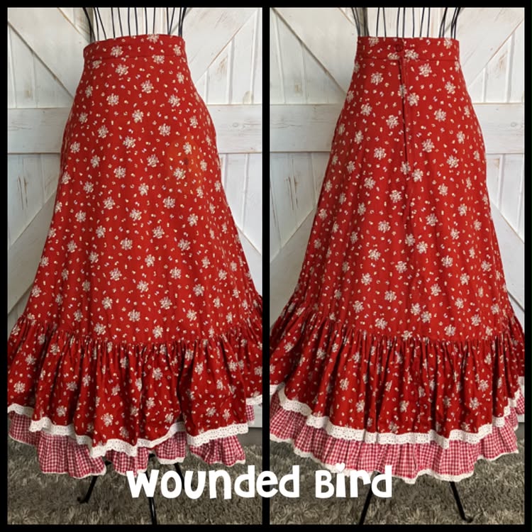 WOUNDED BIRD READ 70's Vintage Gunne Sax Jessica's Gunnies Red White Calico Gingham Prairie Western Midi Skirt