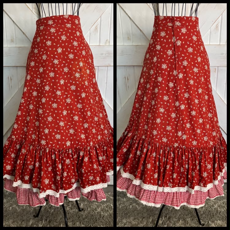 WOUNDED BIRD READ 70's Vintage Gunne Sax Jessica's Gunnies Red White Calico Gingham Prairie Western Midi Skirt