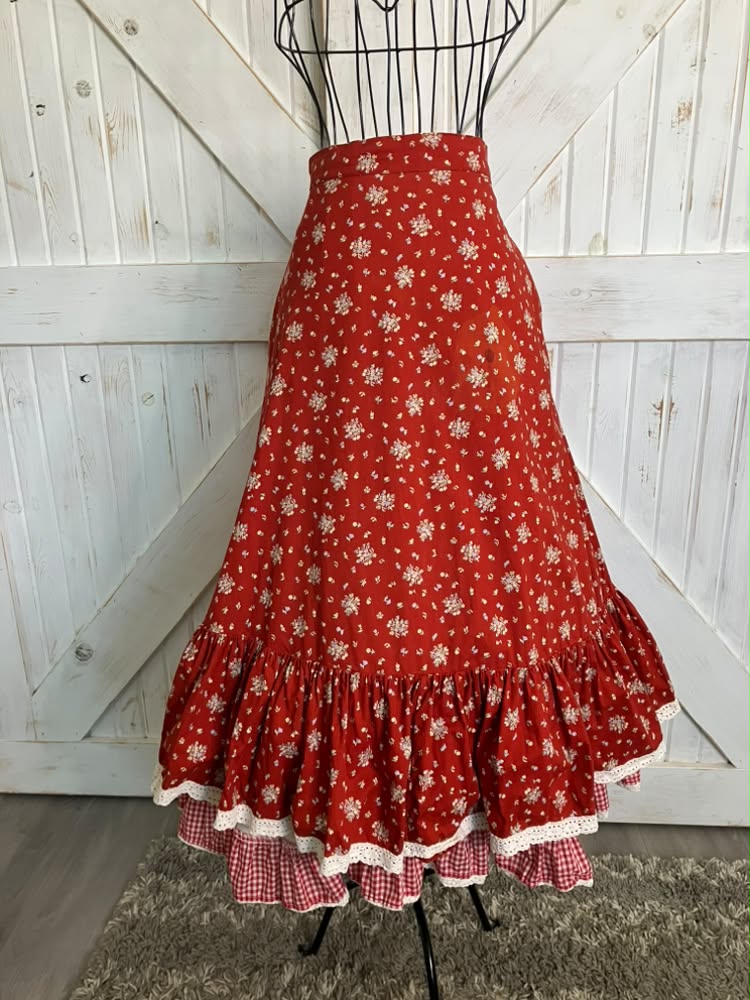 WOUNDED BIRD READ 70's Vintage Gunne Sax Jessica's Gunnies Red White Calico Gingham Prairie Western Midi Skirt