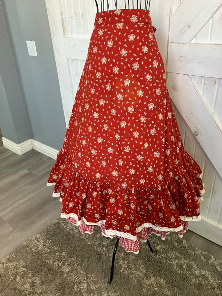 WOUNDED BIRD READ 70's Vintage Gunne Sax Jessica's Gunnies Red White Calico Gingham Prairie Western Midi Skirt