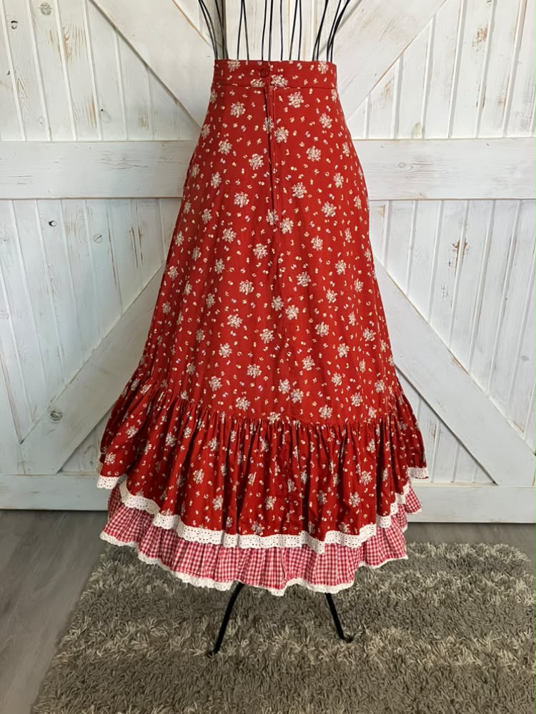 WOUNDED BIRD READ 70's Vintage Gunne Sax Jessica's Gunnies Red White Calico Gingham Prairie Western Midi Skirt