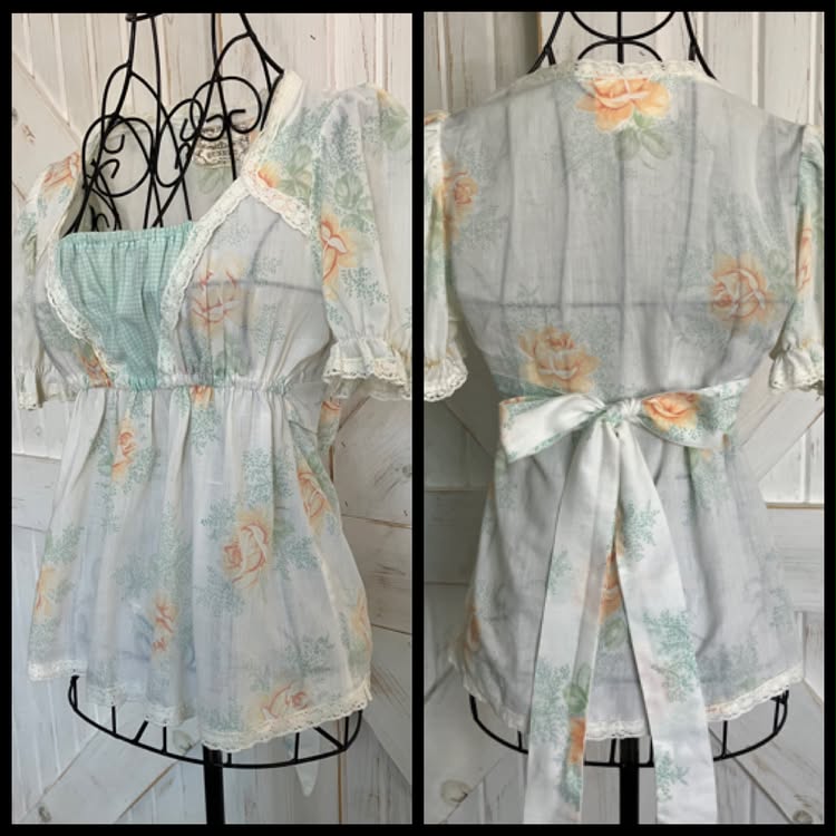 70's Vintage Gunne Sax Jessica's Gunnies White Green Peach Gingham Calico Prairie Babydoll Shirt Top Blouse