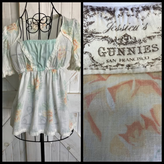 70's Vintage Gunne Sax Jessica's Gunnies White Green Peach Gingham Calico Prairie Babydoll Shirt Top Blouse