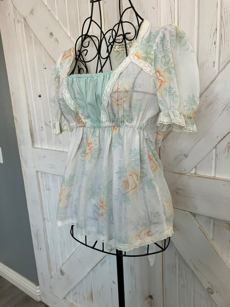 70's Vintage Gunne Sax Jessica's Gunnies White Green Peach Gingham Calico Prairie Babydoll Shirt Top Blouse