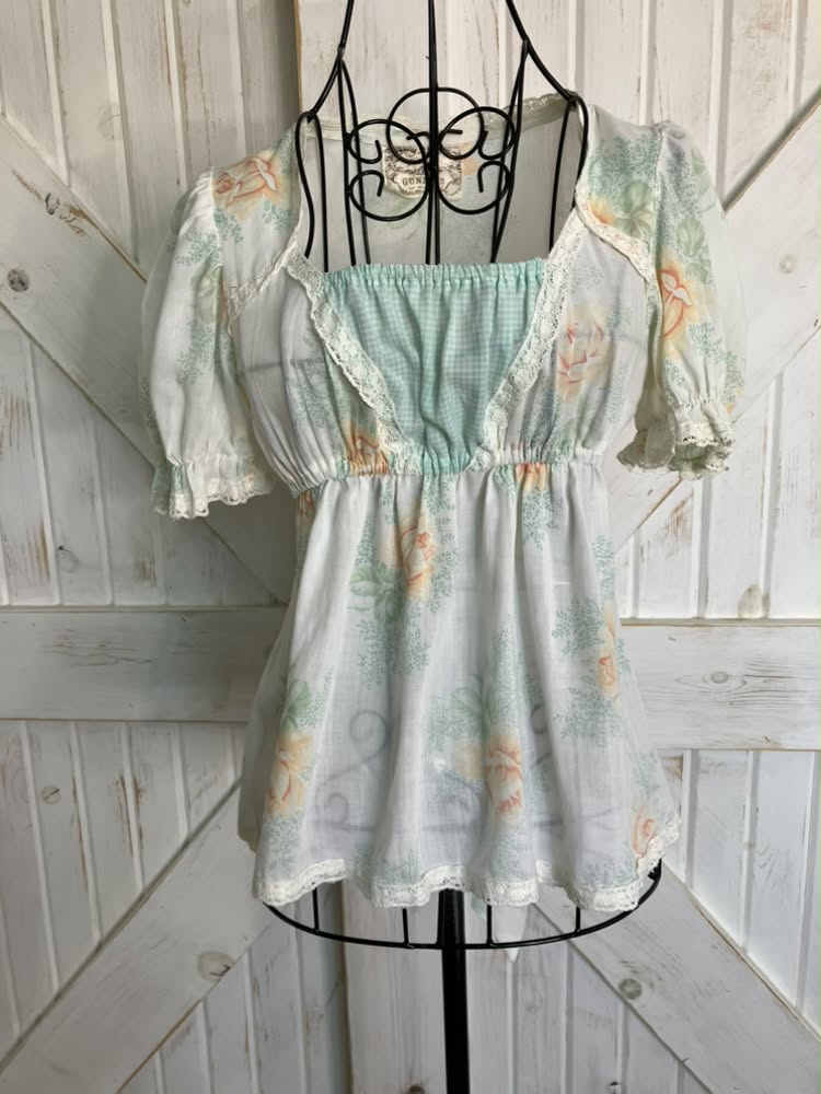70's Vintage Gunne Sax Jessica's Gunnies White Green Peach Gingham Calico Prairie Babydoll Shirt Top Blouse