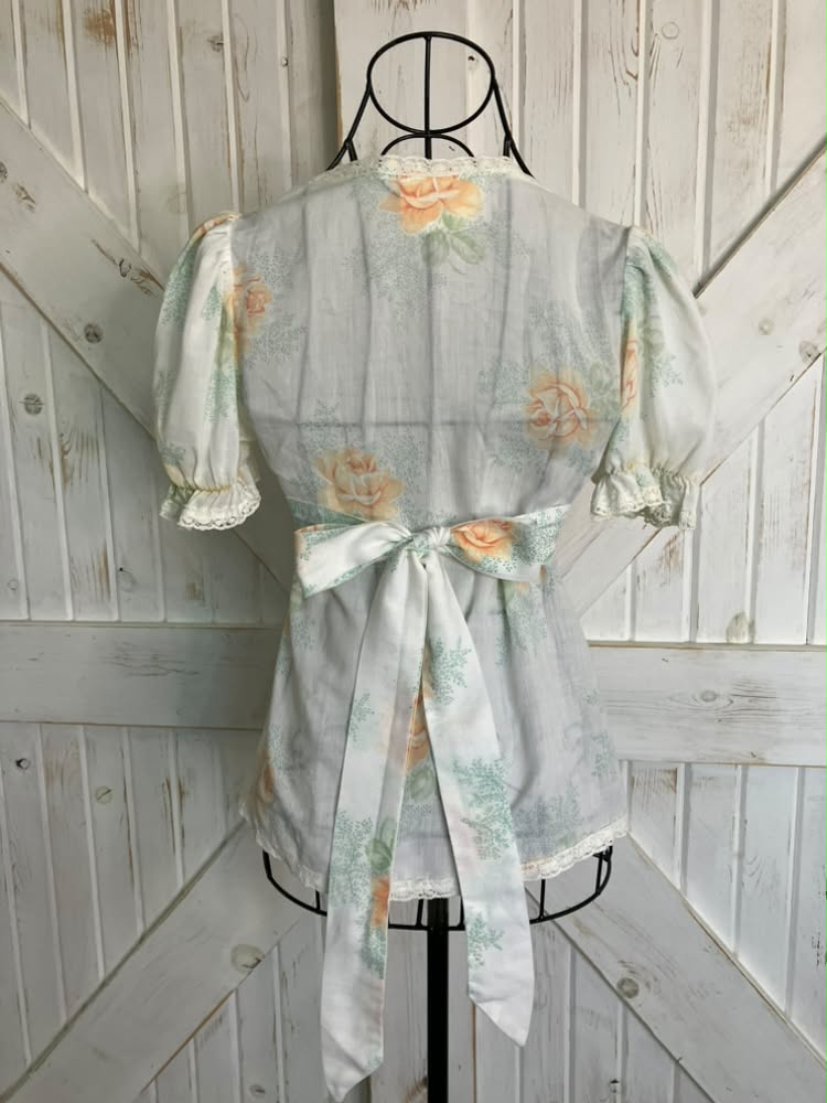 70's Vintage Gunne Sax Jessica's Gunnies White Green Peach Gingham Calico Prairie Babydoll Shirt Top Blouse