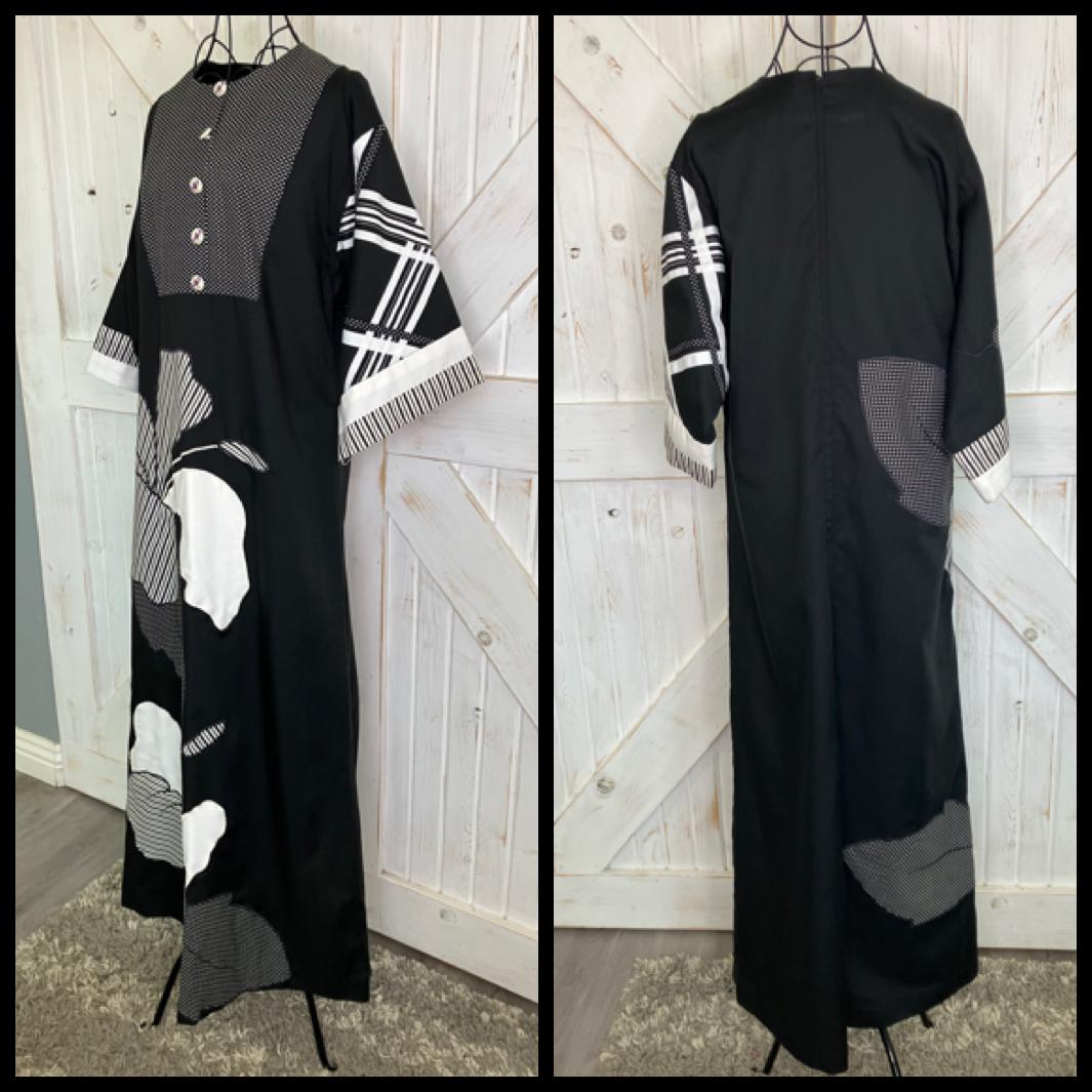 80's Vintage Alfredo's Wife Black White Polka Dot Stripe Patchwork Kaftan Caftan Maxi Dress