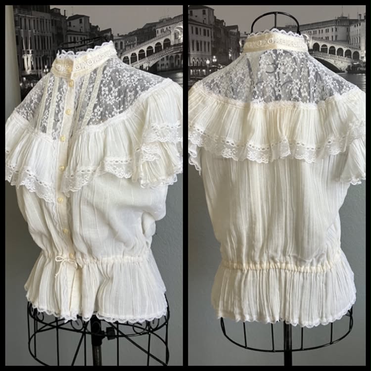 70's Vintage Gunne Sax Jessica's Gunnies White Lace Prairie Sweetheart Blouse Shirt Top