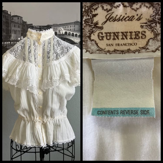 70's Vintage Gunne Sax Jessica's Gunnies White Lace Prairie Sweetheart Blouse Shirt Top