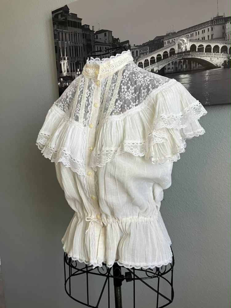 70's Vintage Gunne Sax Jessica's Gunnies White Lace Prairie Sweetheart Blouse Shirt Top